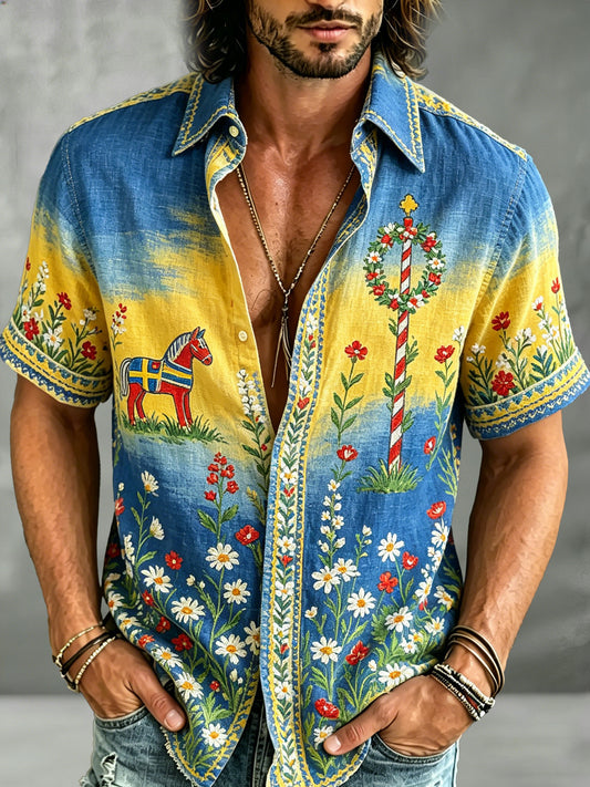 Men's short-sleeved top with an art print celebrating the Swedish Midsummer festival