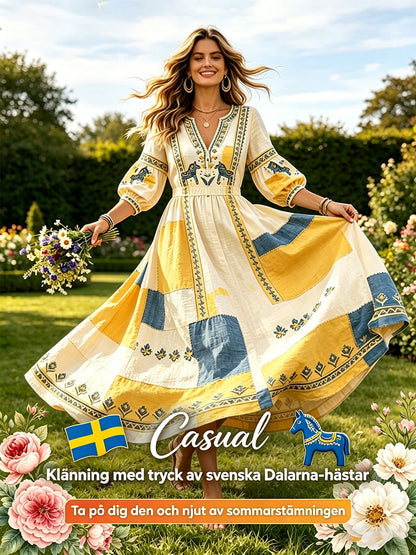 Women's Swedish Midsummer Dala Horse Patchwork Print Casual V-Neck Dress
