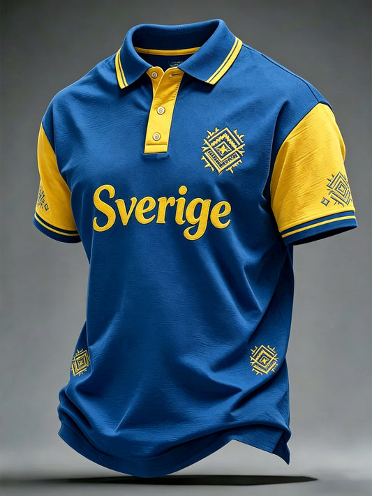 Herrpolotröja med korta ärmar och konsttryck till minne av Sveriges nationaldag