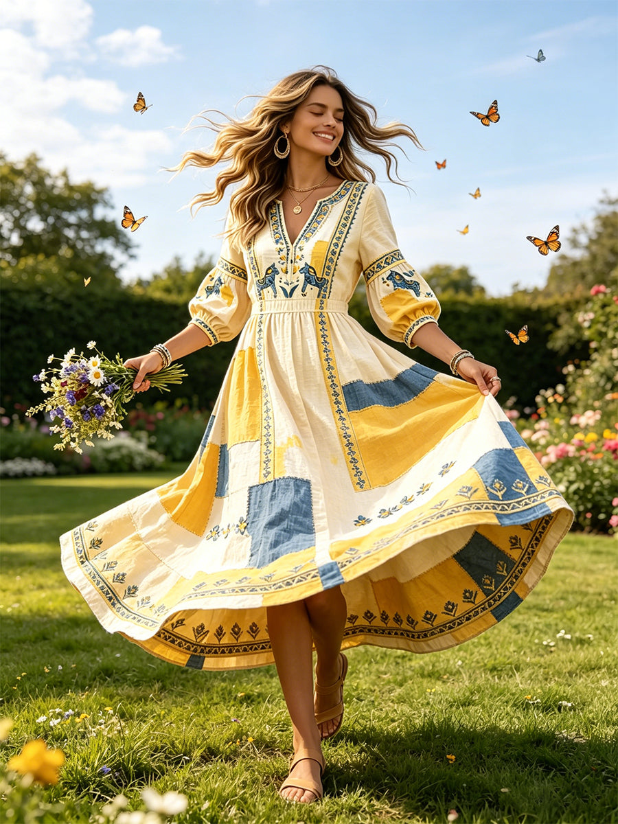 Women's Swedish Midsummer Dala Horse Patchwork Print Casual V-Neck Dress