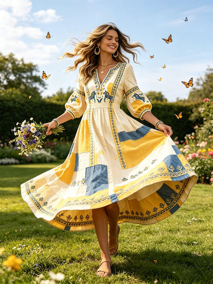 Women's Swedish Midsummer Dala Horse Patchwork Print Casual V-Neck Dress
