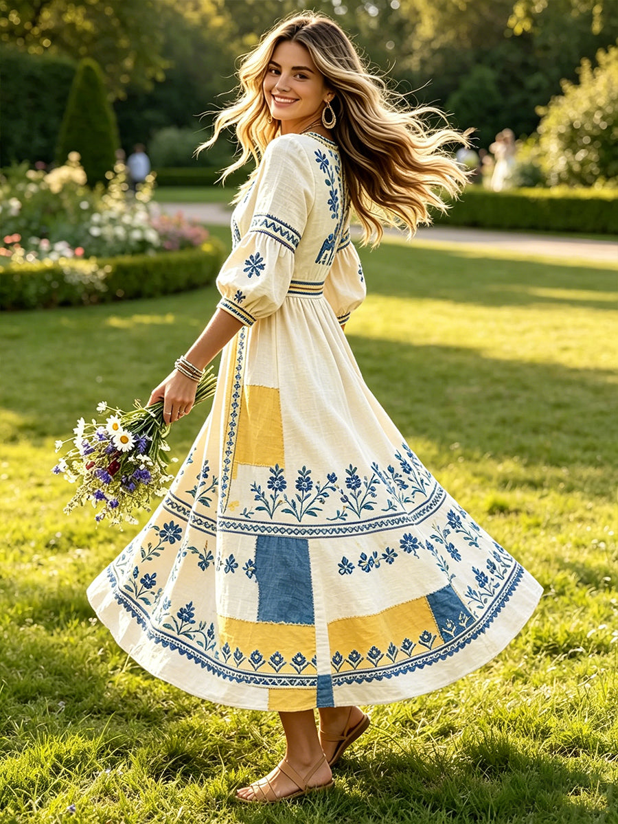Women's Swedish Midsummer Dala Horse Patchwork Print Casual V-Neck Dress