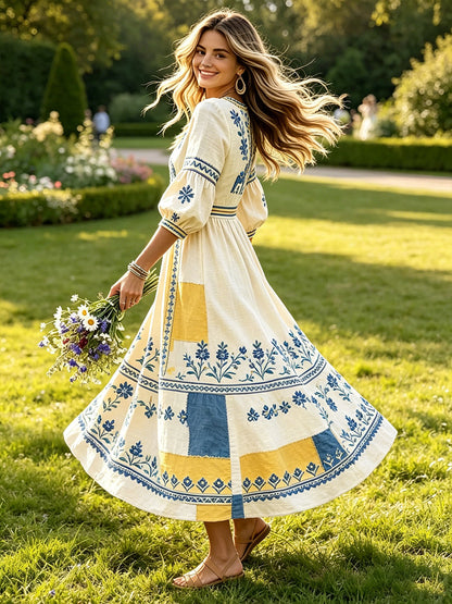 Women's Swedish Midsummer Dala Horse Patchwork Print Casual V-Neck Dress