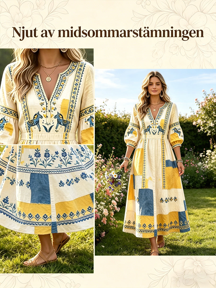 Women's Swedish Midsummer Dala Horse Patchwork Print Casual V-Neck Dress