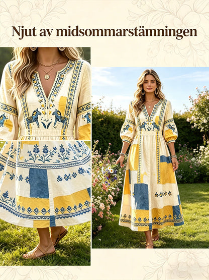 Women's Swedish Midsummer Dala Horse Patchwork Print Casual V-Neck Dress