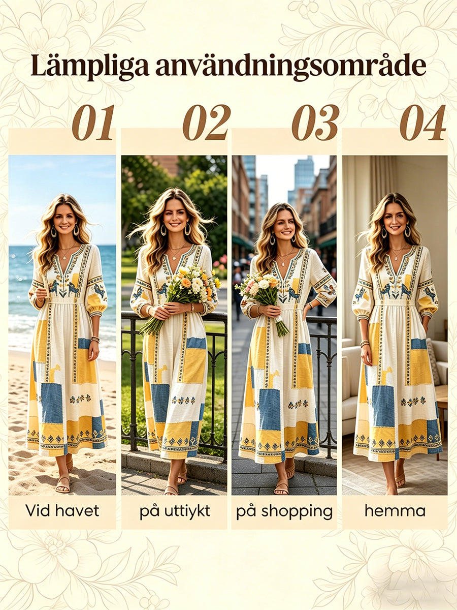 Women's Swedish Midsummer Dala Horse Patchwork Print Casual V-Neck Dress