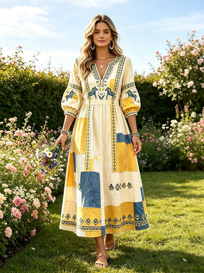 Women's Swedish Midsummer Dala Horse Patchwork Print Casual V-Neck Dress