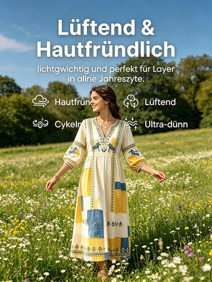 Women's Swedish Midsummer Dala Horse Patchwork Print Casual V-Neck Dress