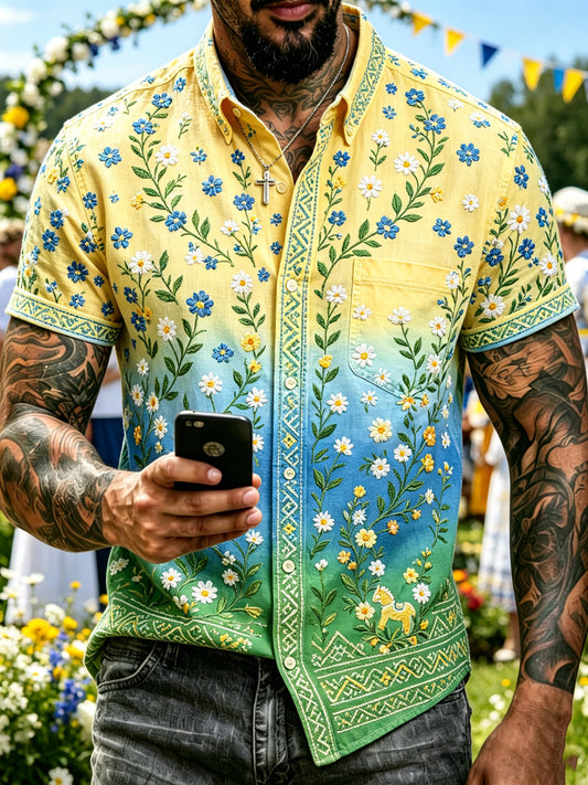 Men's short-sleeved top with an art print celebrating the Swedish Midsummer festival