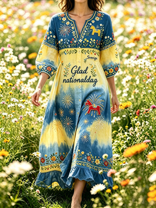 Damer Svensk nationaldag minneskonsttryck klänning