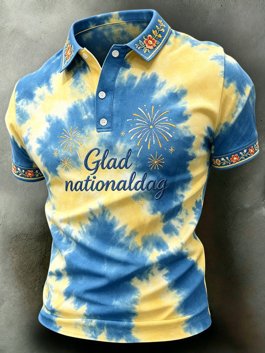 Herrpolotröja med korta ärmar och konsttryck till minne av Sveriges nationaldag