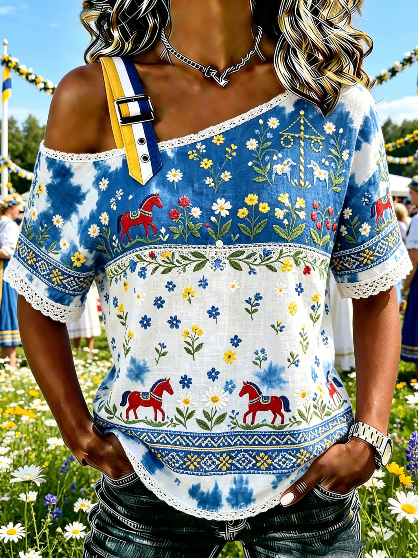 Ladies' Swedish Midsummer Festival Souvenir Print Off-Shoulder Top