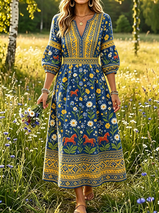 Women's Swedish Midsummer Dala Horse Print Casual Fashion Cotton Linen V-Neck Dress