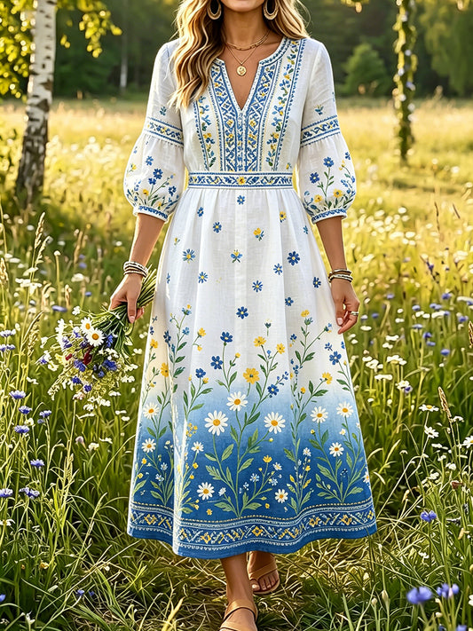 Women's Swedish Midsummer Dala Horse Print Casual Fashion Cotton Linen V-Neck Dress