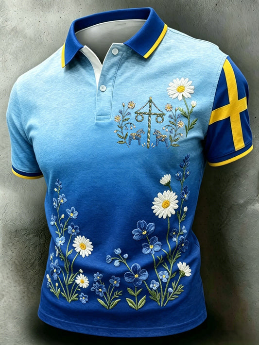 Men's Retro Swedish Midsummer Floral Short-Sleeved Polo Shirt