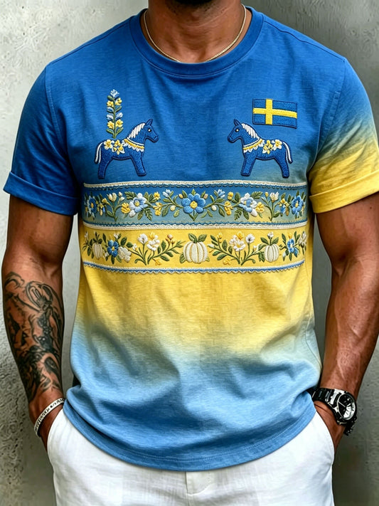 Men's Retro Swedish Midsummer Folk Floral Short-Sleeved T-Shirt