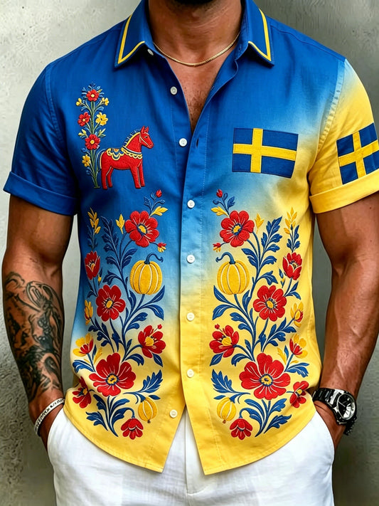 Men's retro Swedish Midsummer folk never-fading floral cotton-linen short-sleeved shirt