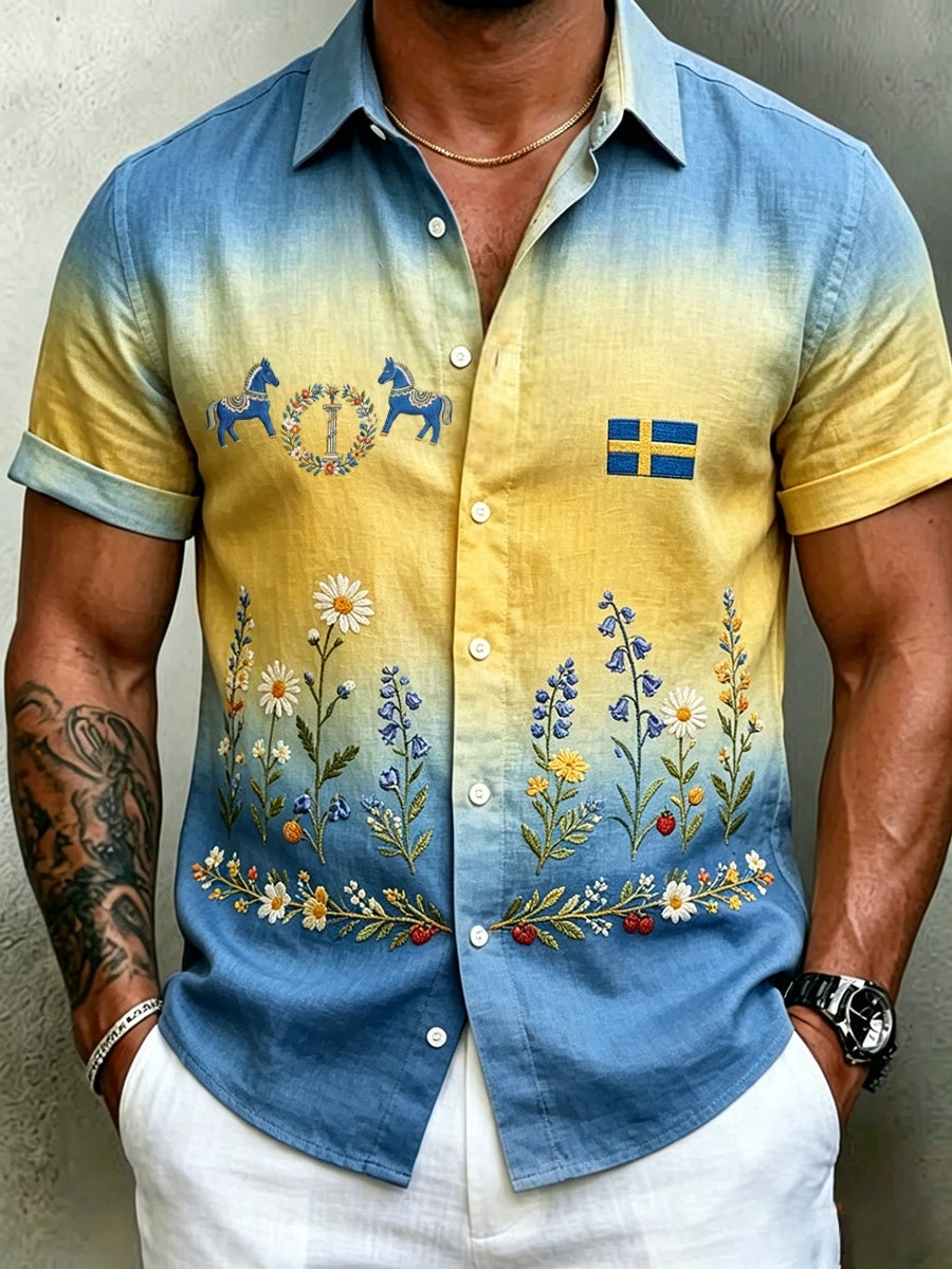 Men's retro Swedish Midsummer folk never-fading floral cotton-linen short-sleeved shirt