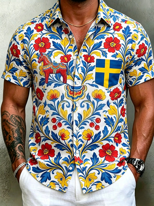 Herrretro svensk midsommarfolkaldrigblommig bomull-linne skjorta med korta ärmarna