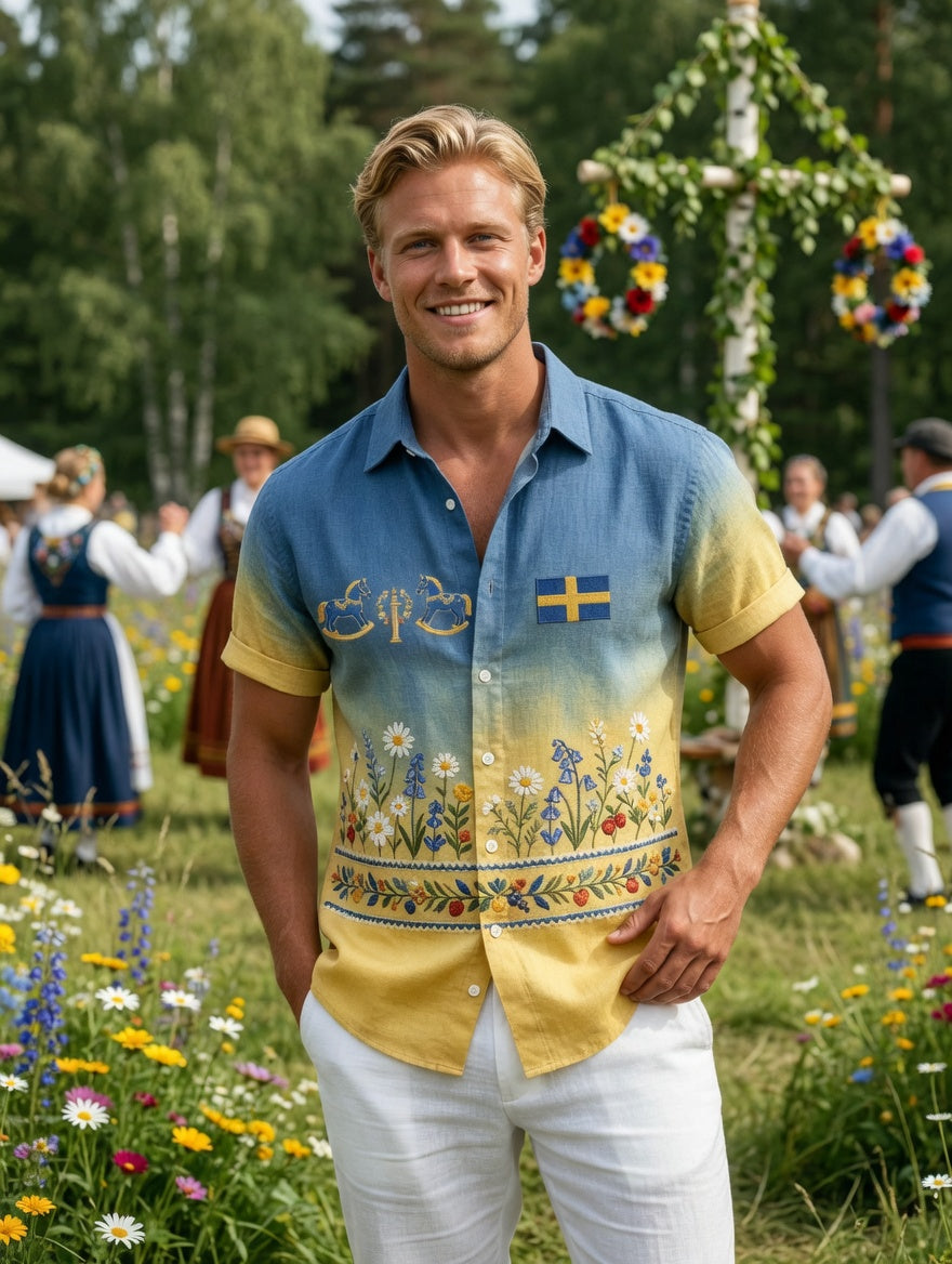 Men's retro Swedish Midsummer folk never-fading floral cotton-linen short-sleeved shirt