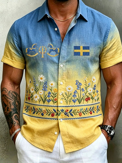 Men's retro Swedish Midsummer folk never-fading floral cotton-linen short-sleeved shirt