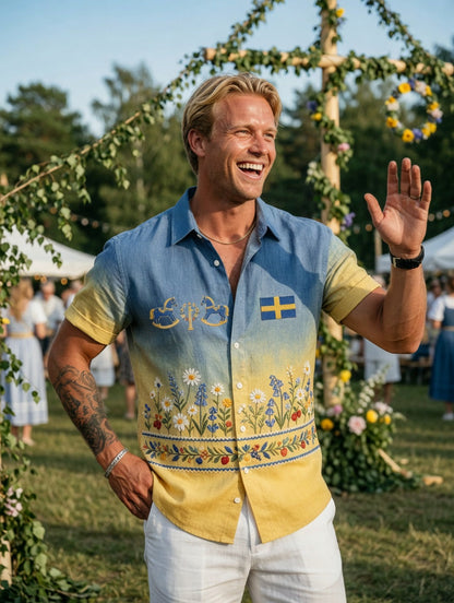 Men's retro Swedish Midsummer folk never-fading floral cotton-linen short-sleeved shirt