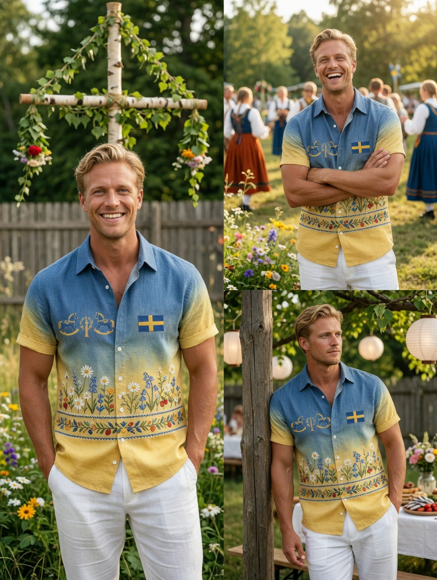 Men's retro Swedish Midsummer folk never-fading floral cotton-linen short-sleeved shirt