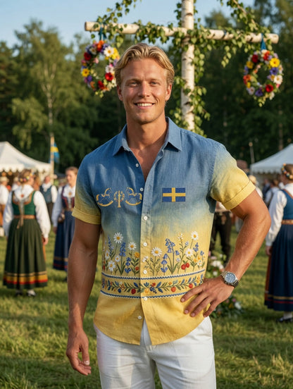 Men's retro Swedish Midsummer folk never-fading floral cotton-linen short-sleeved shirt