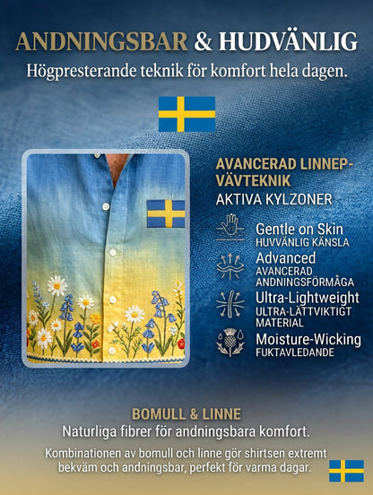 Men's retro Swedish Midsummer folk never-fading floral cotton-linen short-sleeved shirt