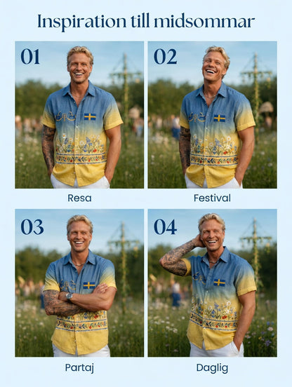 Men's retro Swedish Midsummer folk never-fading floral cotton-linen short-sleeved shirt