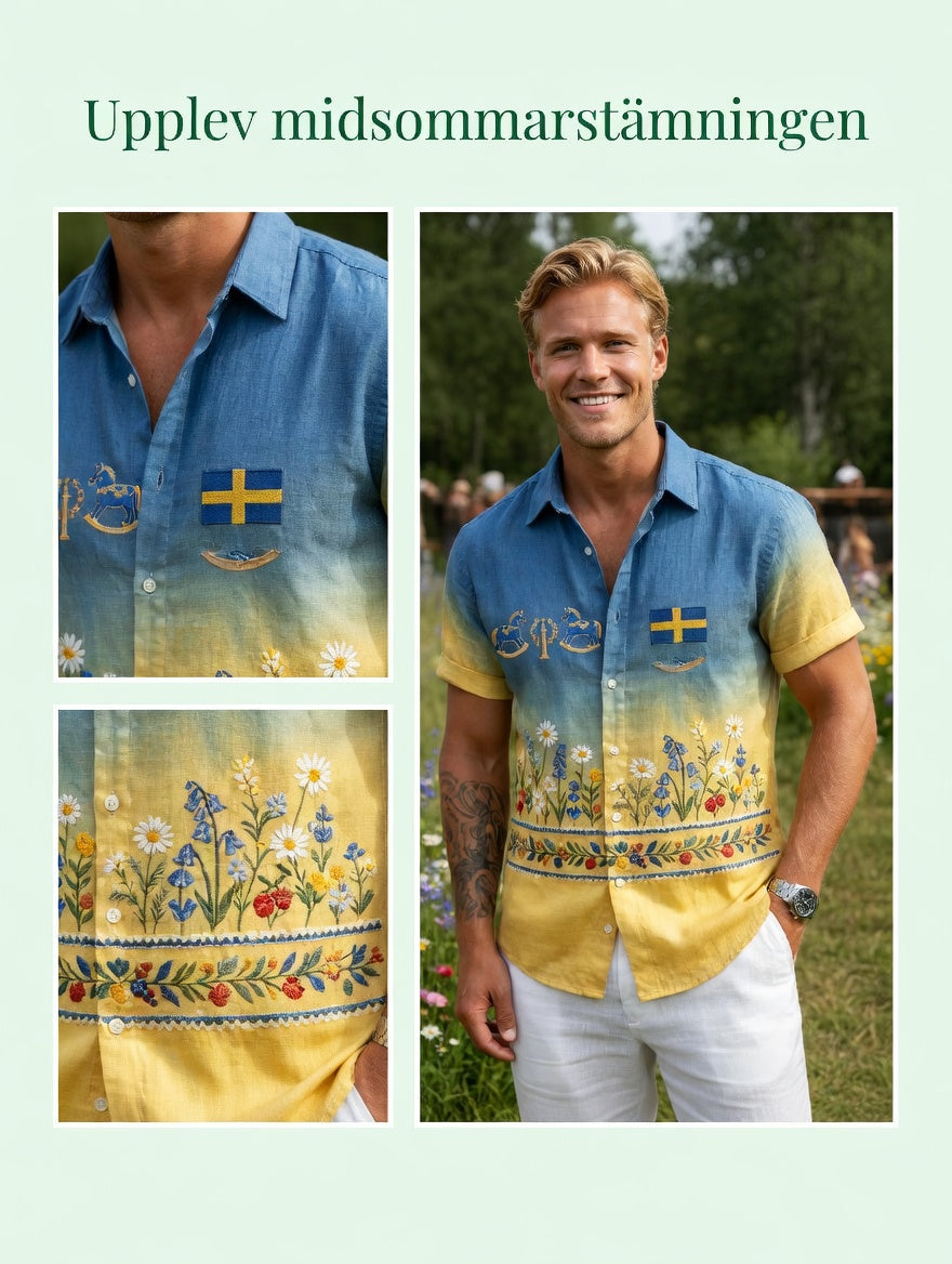 Men's retro Swedish Midsummer folk never-fading floral cotton-linen short-sleeved shirt