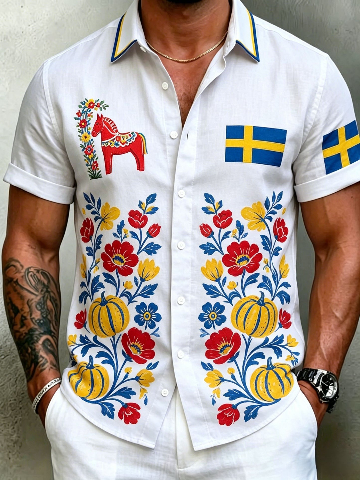 Herrretro svensk midsommarfolkaldrigblommig bomull-linne skjorta med korta ärmarna