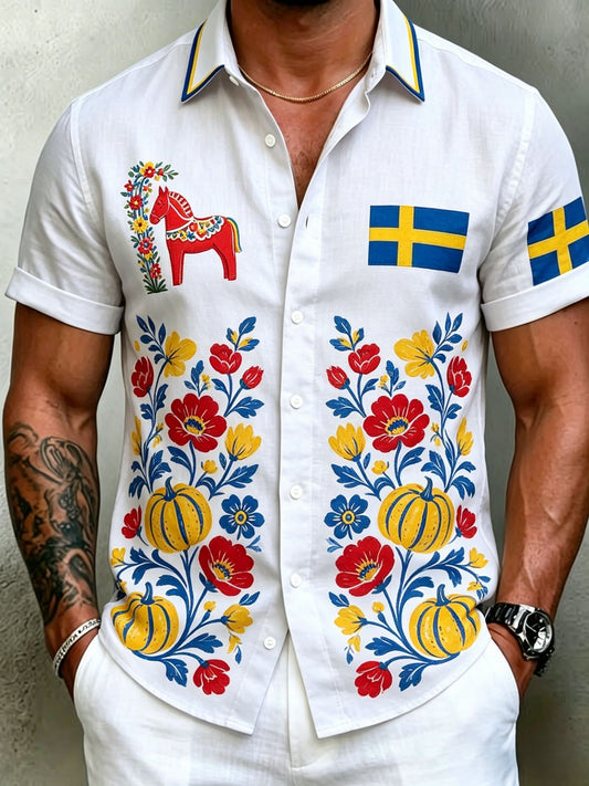Herrretro svensk midsommarfolkaldrigblommig bomull-linne skjorta med korta ärmarna