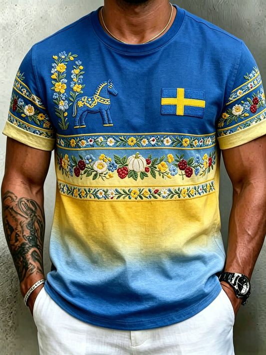 Men's Retro Swedish Midsummer Folk Floral Short Sleeve T-Shirt