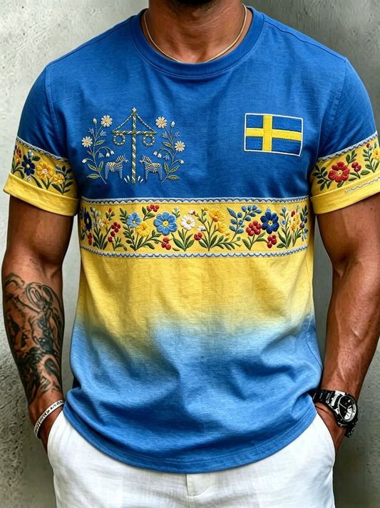 Men's Retro Swedish Midsummer Folk Floral Short Sleeve T-Shirt