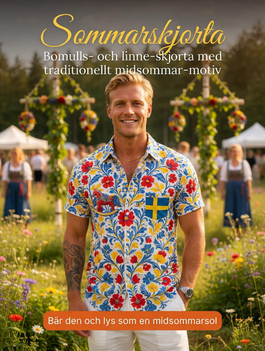 Men's retro Swedish Midsummer folk never-fading floral cotton-linen short-sleeved shirt