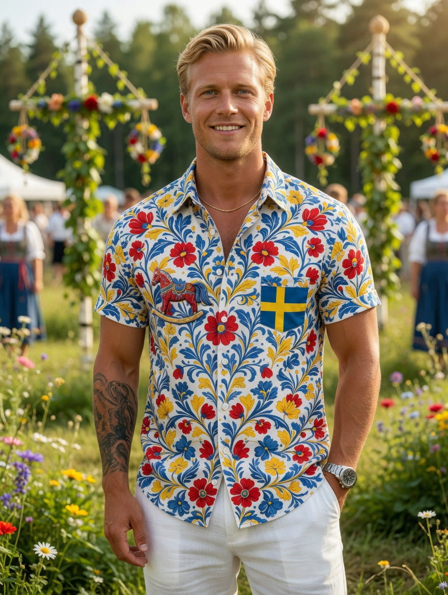 Herrretro svensk midsommarfolkaldrigblommig bomull-linne skjorta med korta ärmarna