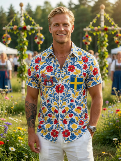 Herrretro svensk midsommarfolkaldrigblommig bomull-linne skjorta med korta ärmarna