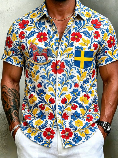 Herrretro svensk midsommarfolkaldrigblommig bomull-linne skjorta med korta ärmarna