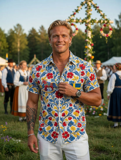 Herrretro svensk midsommarfolkaldrigblommig bomull-linne skjorta med korta ärmarna
