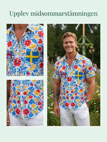 Herrretro svensk midsommarfolkaldrigblommig bomull-linne skjorta med korta ärmarna