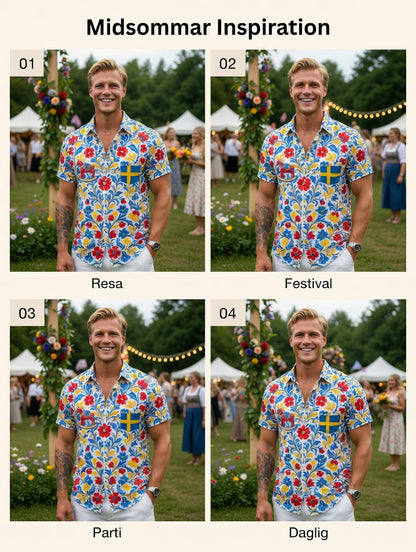 Herrretro svensk midsommarfolkaldrigblommig bomull-linne skjorta med korta ärmarna