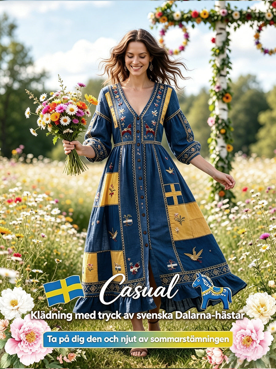 Damer Svensk Dalahäst Midsommar Patchworktryck Casual V-ringad klänning