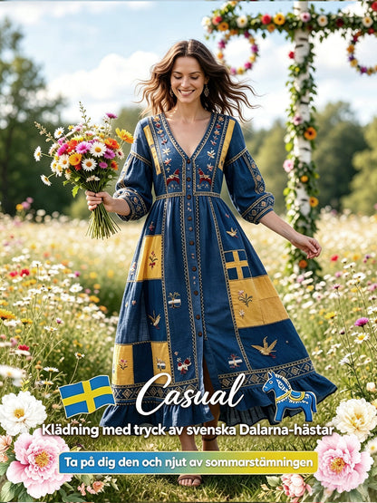 Damer Svensk Dalahäst Midsommar Patchworktryck Casual V-ringad klänning