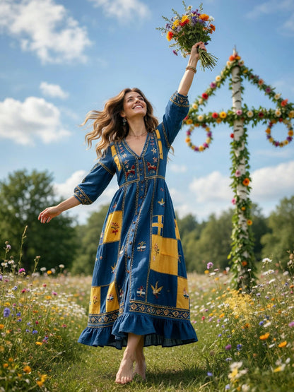 Damer Svensk Dalahäst Midsommar Patchworktryck Casual V-ringad klänning