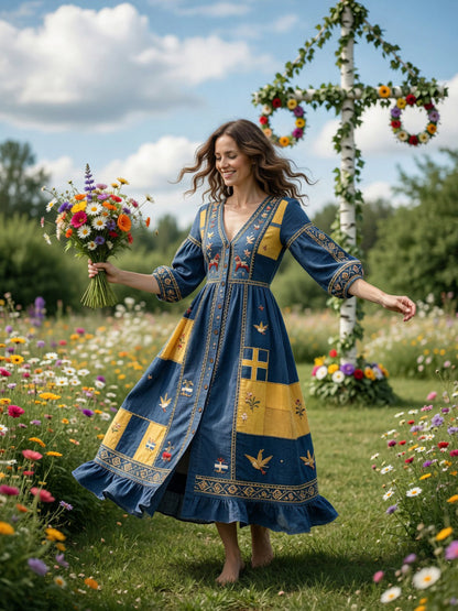 Damer Svensk Dalahäst Midsommar Patchworktryck Casual V-ringad klänning