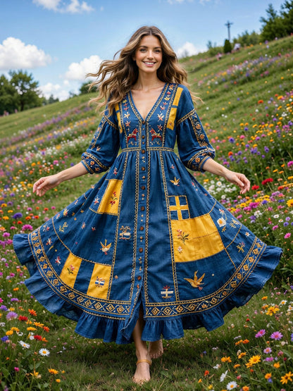 Damer Svensk Dalahäst Midsommar Patchworktryck Casual V-ringad klänning