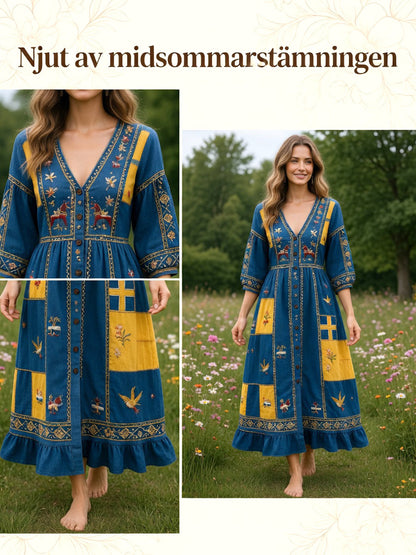 Damer Svensk Dalahäst Midsommar Patchworktryck Casual V-ringad klänning