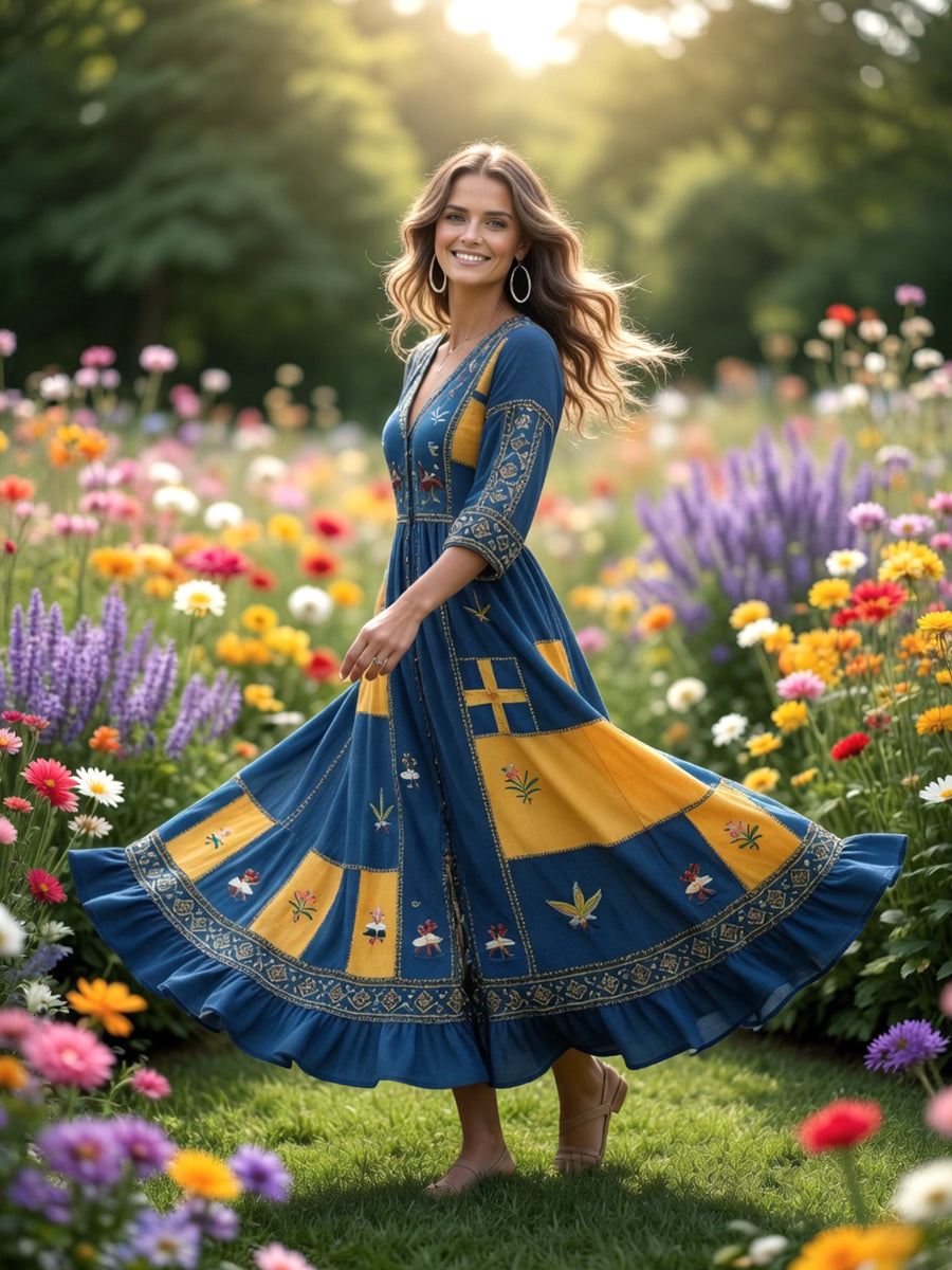 Damer Svensk Dalahäst Midsommar Patchworktryck Casual V-ringad klänning