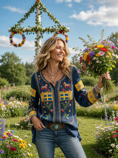 Damsvensk midsommarplagg med patchworkmönster och avslappnad stil i bomull-linne